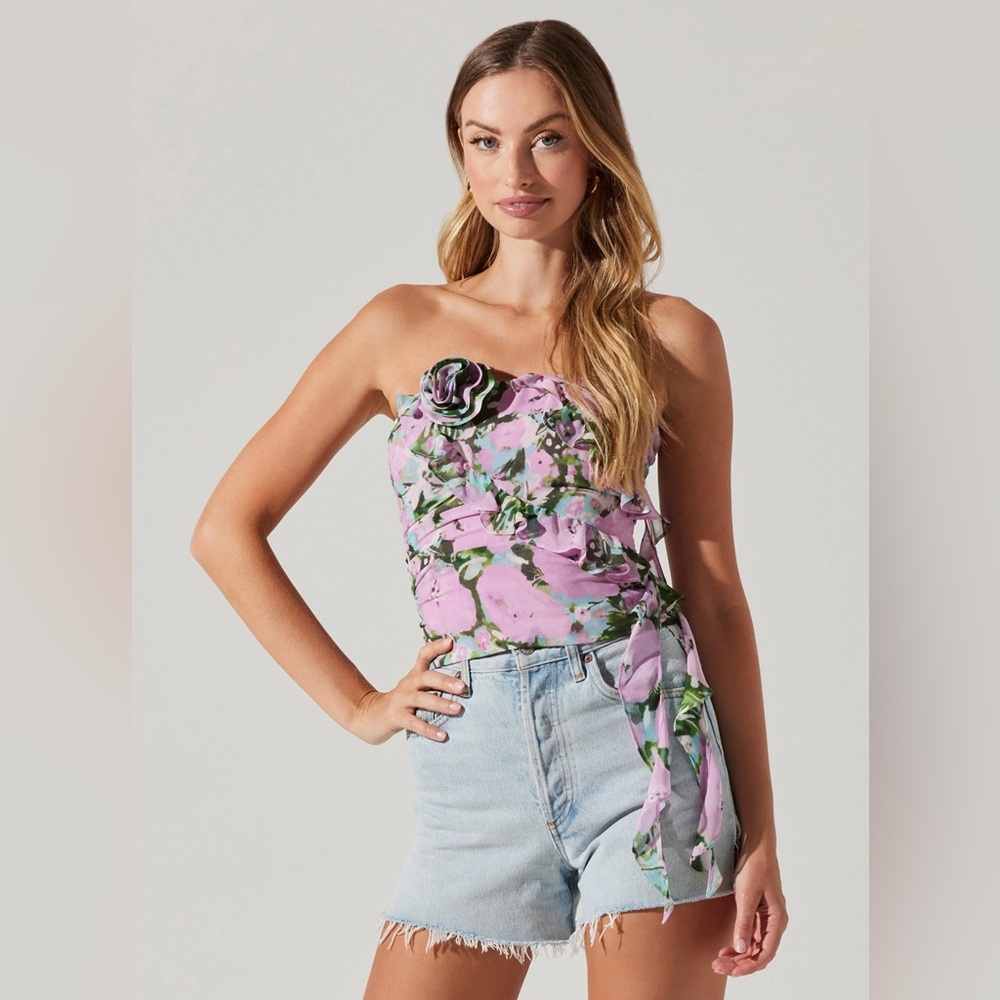 Astr Pink Floral Strapless Top